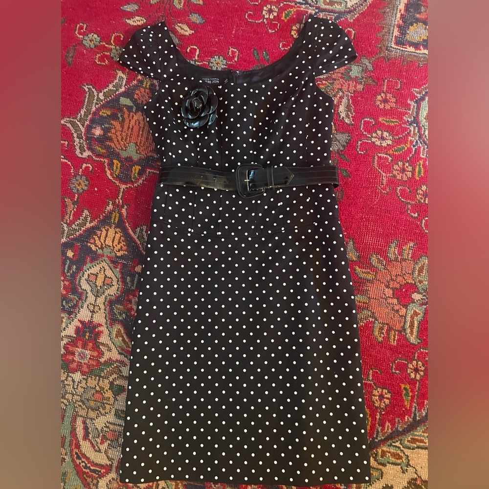 Teri Jon Rickie Freeman Black Polka Dot Dress with Belt size 4